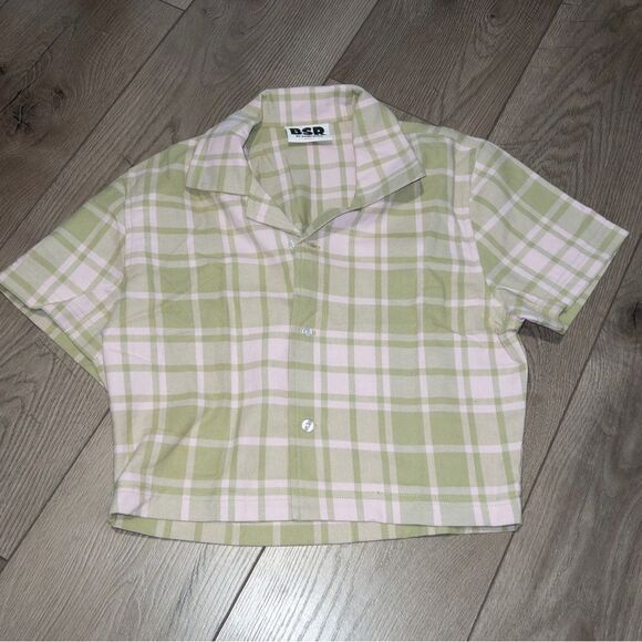 NIP BSR x By Samii Ryan‎ Green Pink Plaid Button Down Cropped Shirt Size Small - Picture 1 of 4